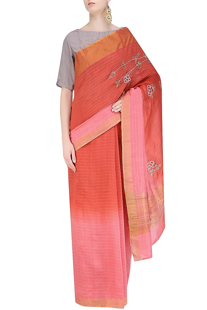 Pink and rose pink ombre shaded saree with grey crop top