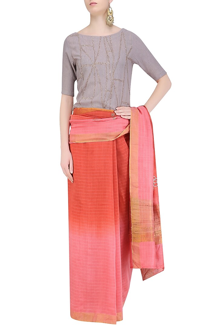 Pink and rose pink ombre shaded saree with grey crop top