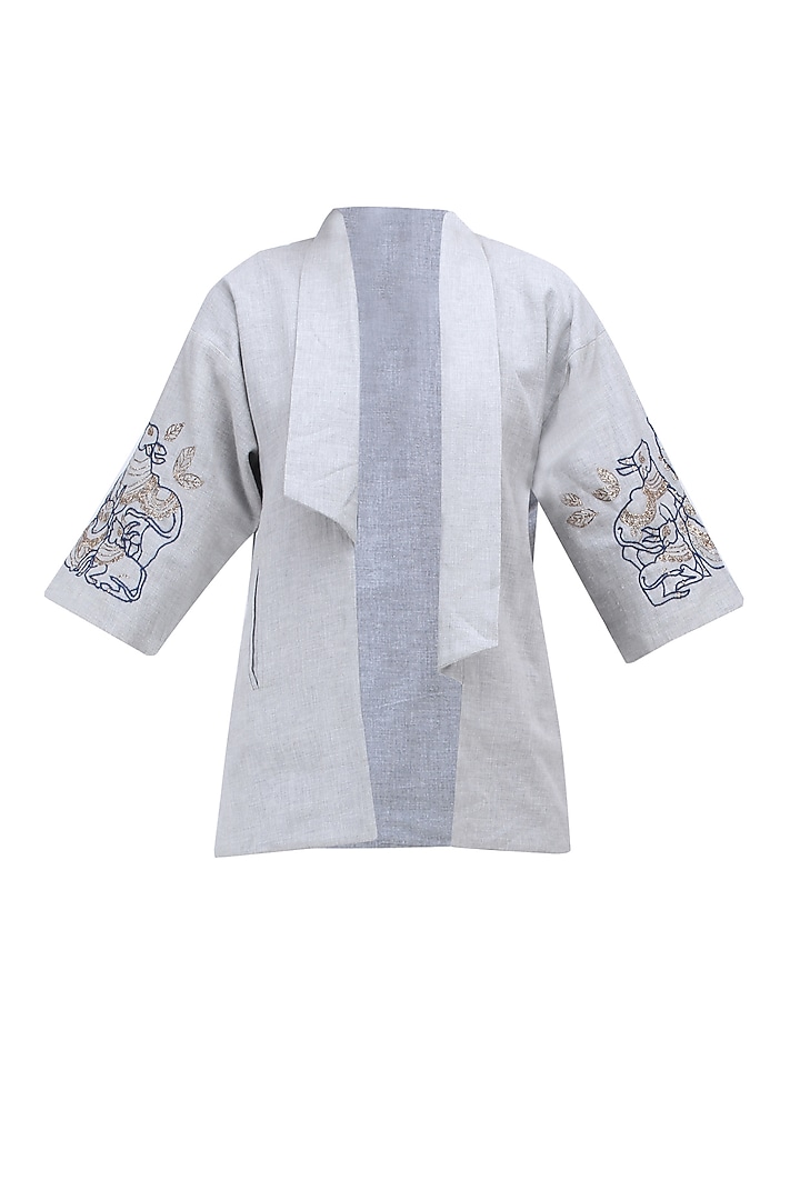 Grey and Blue Embroidered Front Open Jacket by Ekadi