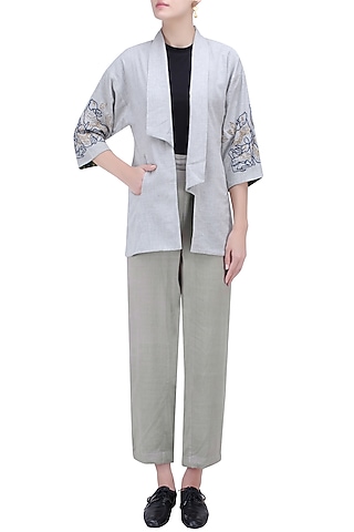 Grey and Blue Embroidered Front Open Jacket by Ekadi