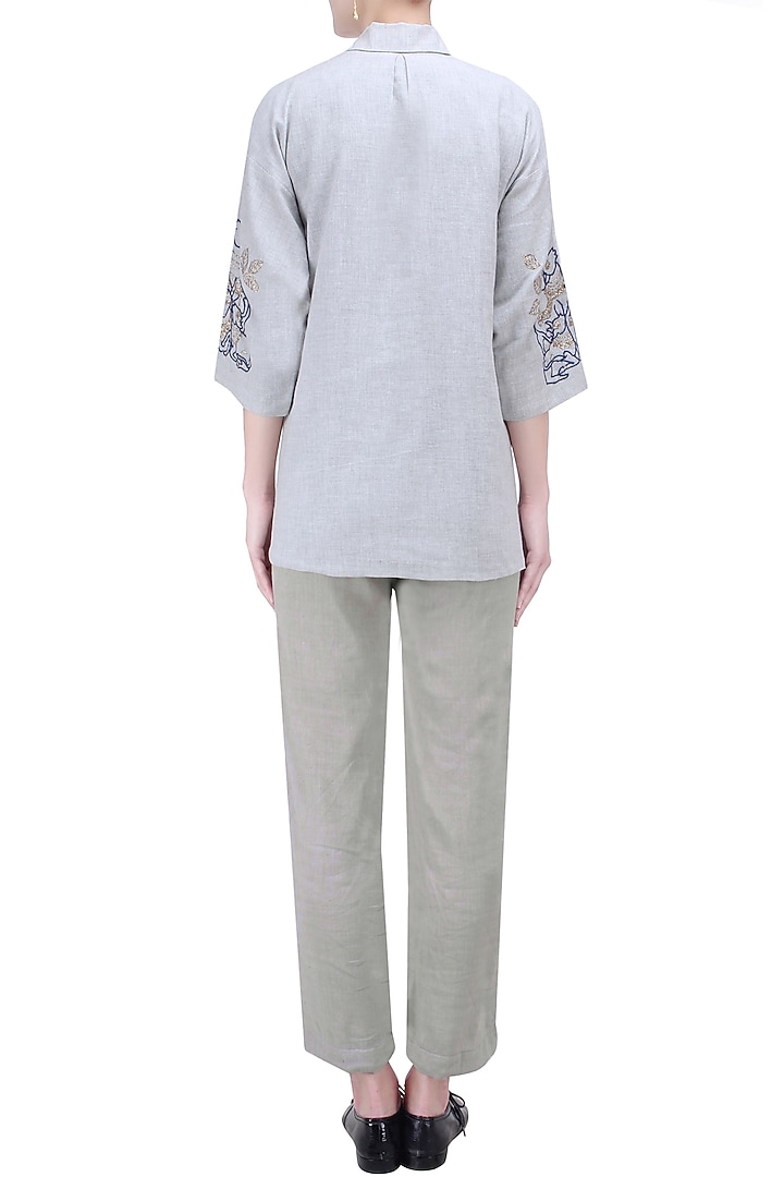 Grey and blue embroidered front open jacket available only at Pernia's Pop Up Shop.