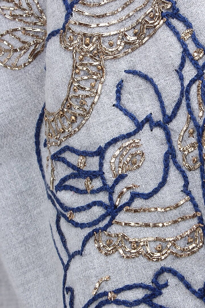Grey and blue embroidered front open jacket available only at Pernia's Pop Up Shop.