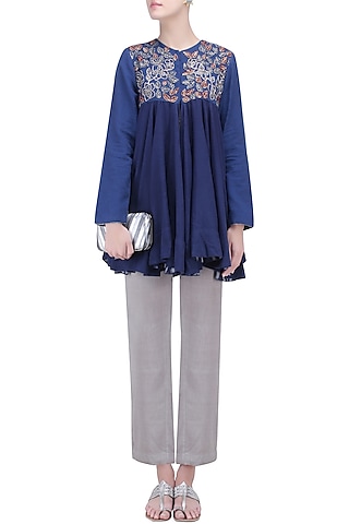 Berry Blue Thread Embroidered Jacket by Ekadi