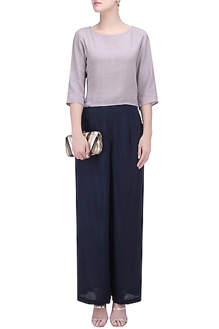 Beige Grey Noil Silk Top by Ekadi