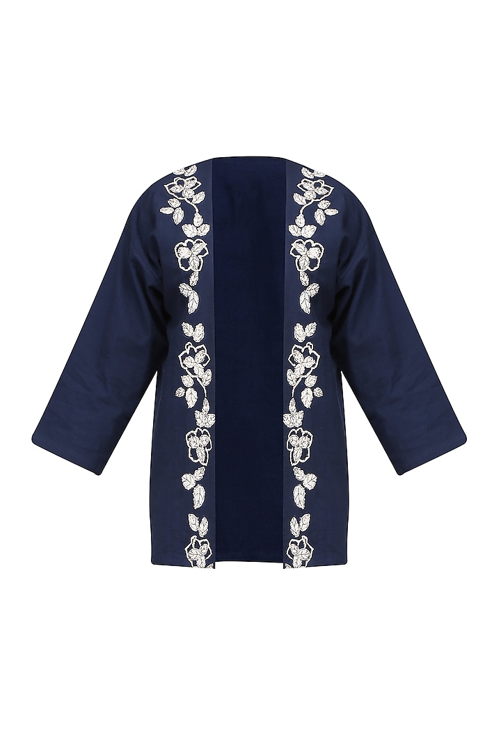 Navy Blue Floral Embroidered Jacket by Ekadi