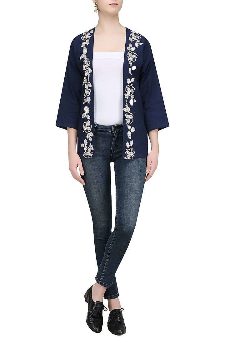Navy blue floral embroidered jacket available only at Pernia's Pop Up Shop.
