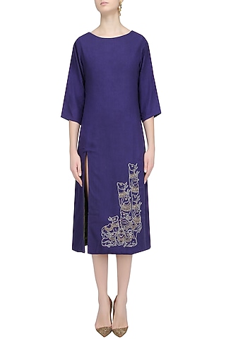 Blue Embroidered Long Tunic by Ekadi