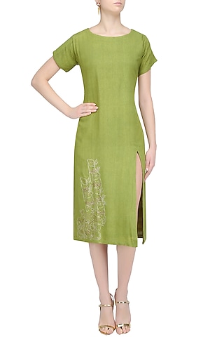 Leaf Green Embroidered Tunic Dress by Ekadi