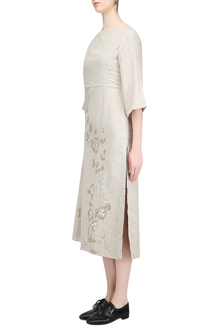 Beige grey embroidered dress available only at Pernia's Pop Up Shop.