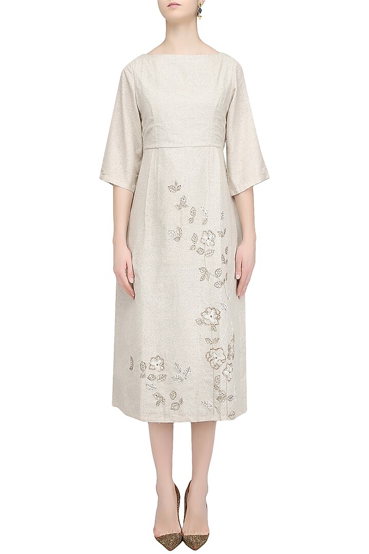 Beige grey embroidered dress available only at Pernia's Pop Up Shop.