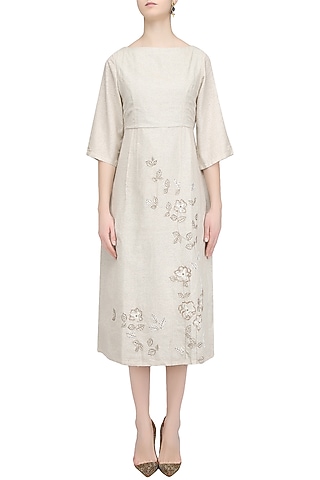 Beige Grey Embroidered Dress by Ekadi