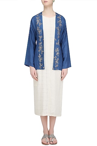 Blue Floral Embroidered Jacket by Ekadi