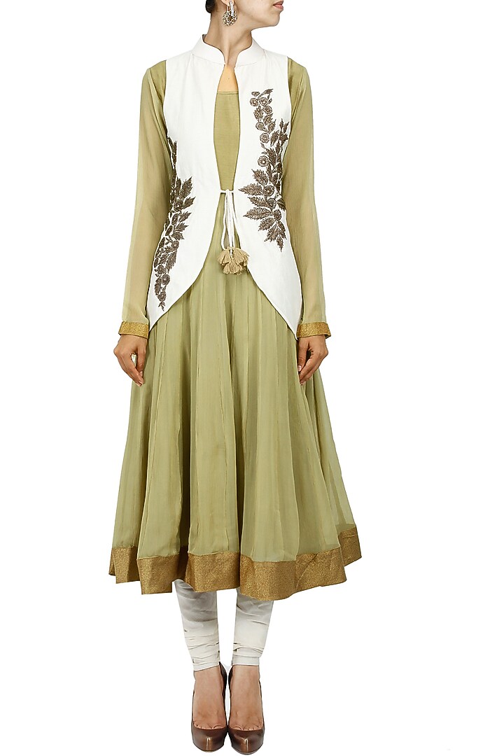 Olive green anarkali with ivory embroidered jacket available only at Pernia's Pop-Up Shop.