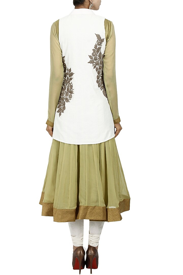 Olive green anarkali with ivory embroidered jacket available only at Pernia's Pop-Up Shop.