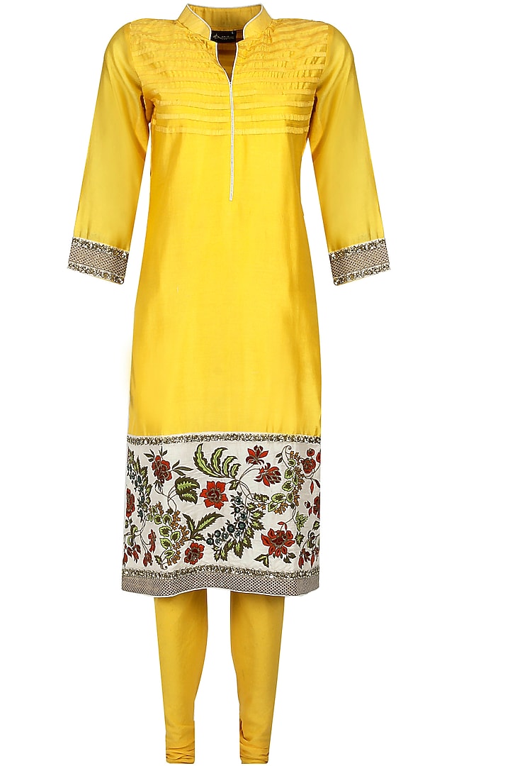 Yellow floral embroidered kurta set by Ekru