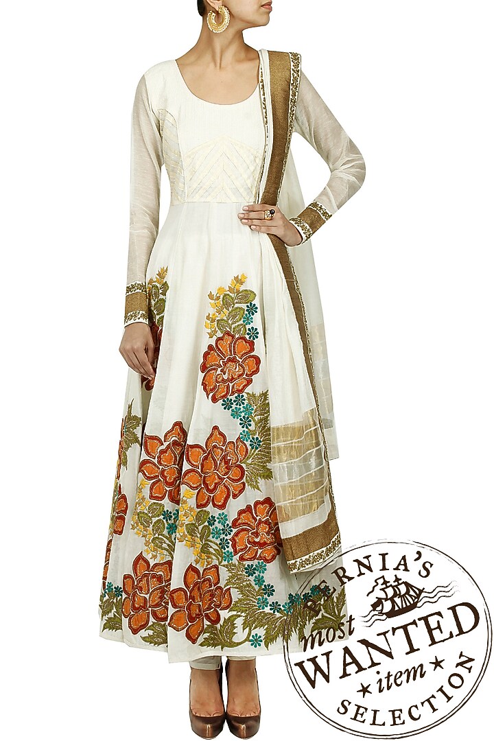 Ivory multicolour floral hand embroidered anarkali set available only at Pernia's Pop-Up Shop.