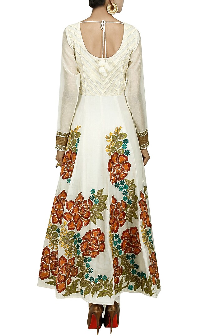 Ivory multicolour floral hand embroidered anarkali set available only at Pernia's Pop-Up Shop.