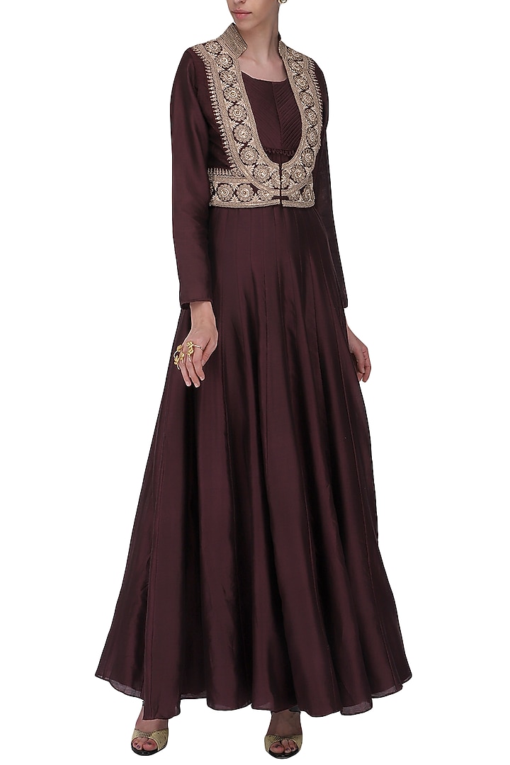 Wine anarkali gown with embroidered jacket available only at Pernia's Pop Up Shop.