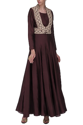 Wine Anarkali Gown with Embroidered Jacket by Ekru by Ekta and Ruchira