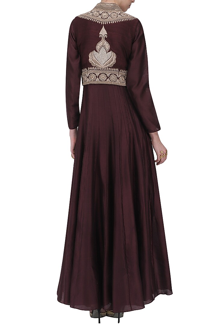 Wine anarkali gown with embroidered jacket available only at Pernia's Pop Up Shop.