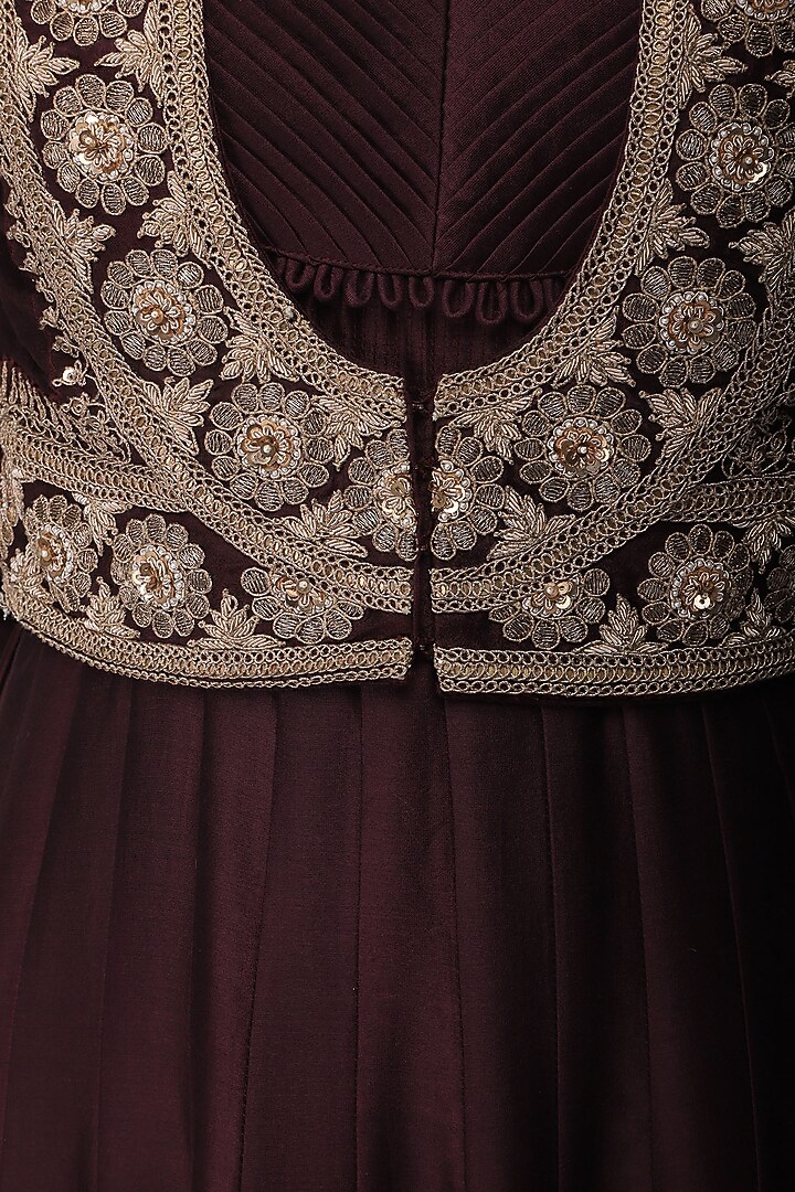 Wine anarkali gown with embroidered jacket available only at Pernia's Pop Up Shop.