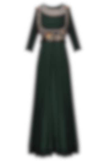 Bottle Green Embroidered Anarkali Gown with Short Jacket Set by Ekru by Ekta and Ruchira