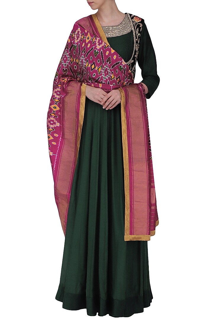 Bottle green embroidered anarkali gown with short jacket set available only at Pernia's Pop Up Shop.