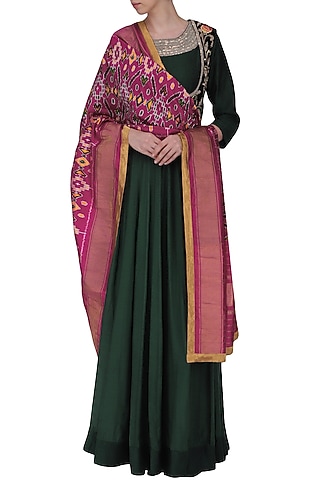 Bottle Green Embroidered Anarkali Gown with Short Jacket Set by Ekru by Ekta and Ruchira