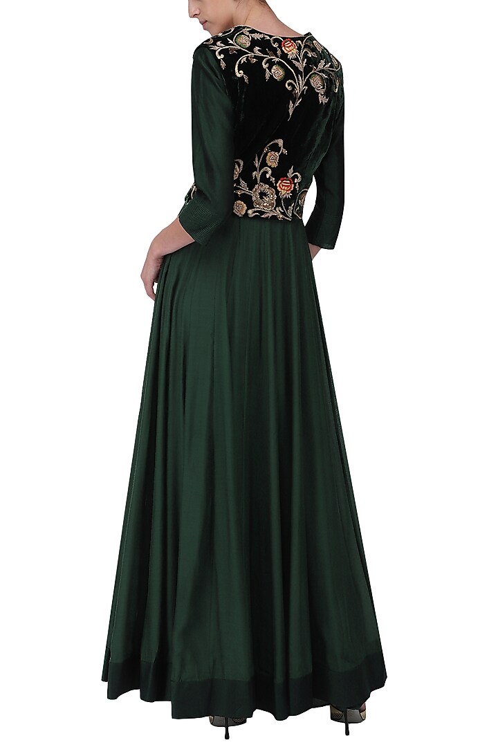 Bottle green embroidered anarkali gown with short jacket set available only at Pernia's Pop Up Shop.