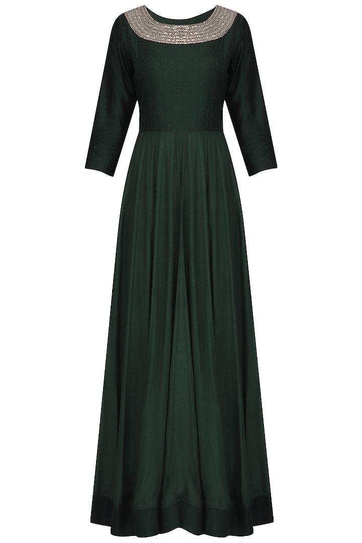 Bottle green embroidered anarkali gown with short jacket set available only at Pernia's Pop Up Shop.