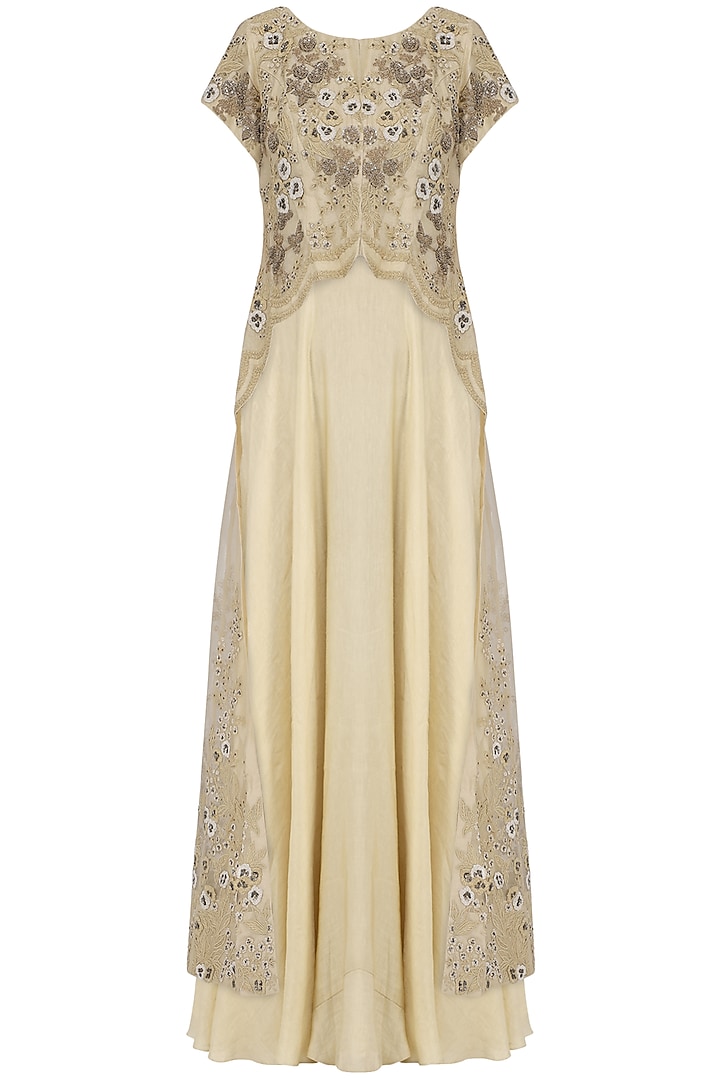 Beige Anarkali Gown with Embroidered High-Low Jacket by Ekru by Ekta and Ruchira