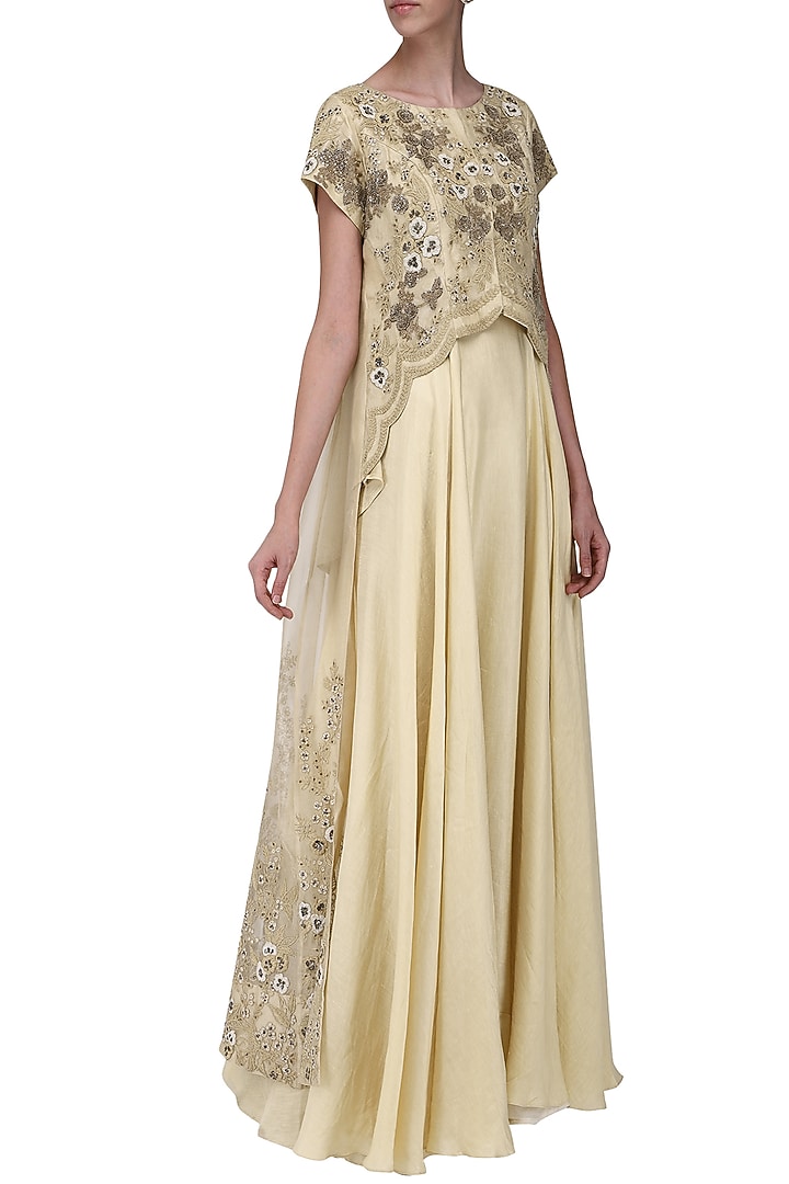Beige anarkali gown with embroidered high-low jacket available only at Pernia's Pop Up Shop.