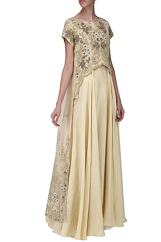Beige Anarkali Gown with Embroidered High-Low Jacket by Ekru by Ekta and Ruchira