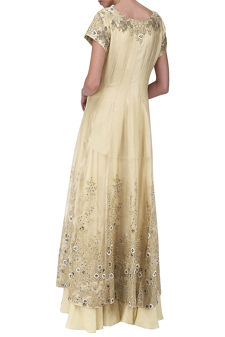 Beige anarkali gown with embroidered high-low jacket available only at Pernia's Pop Up Shop.