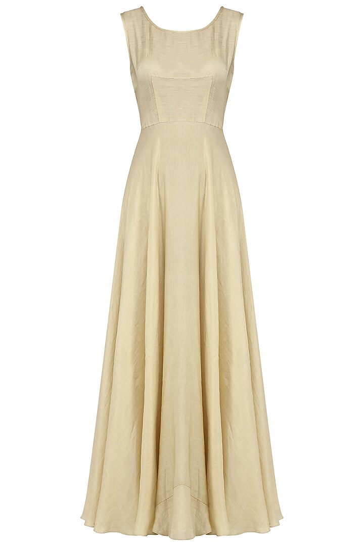 Beige anarkali gown with embroidered high-low jacket available only at Pernia's Pop Up Shop.