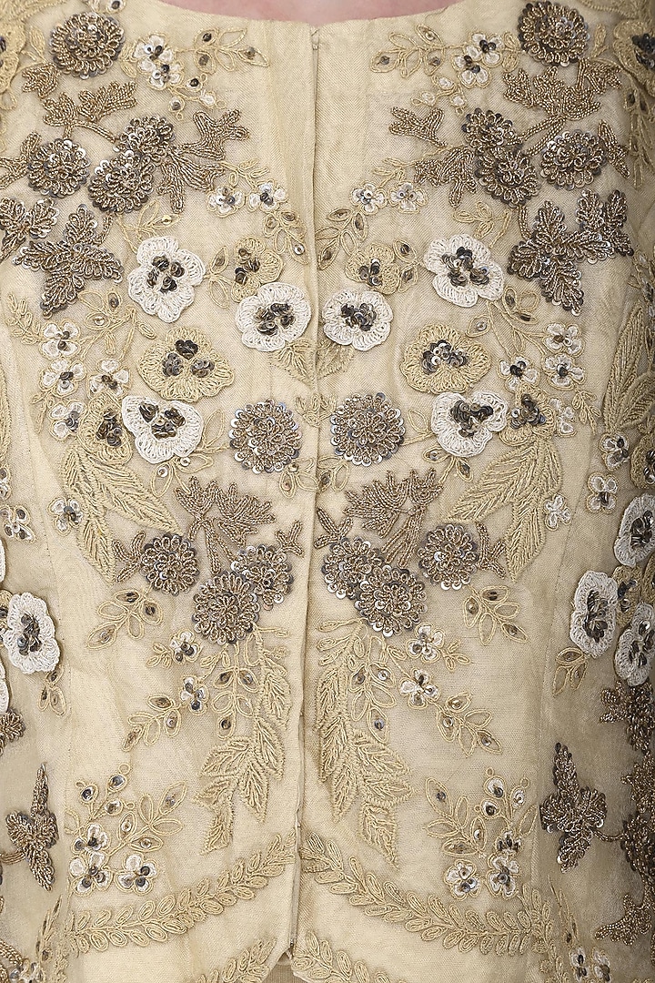 Beige anarkali gown with embroidered high-low jacket available only at Pernia's Pop Up Shop.