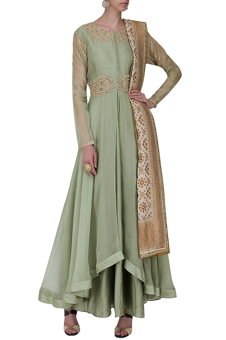 Pista green embroidered anarkali set available only at Pernia's Pop Up Shop.