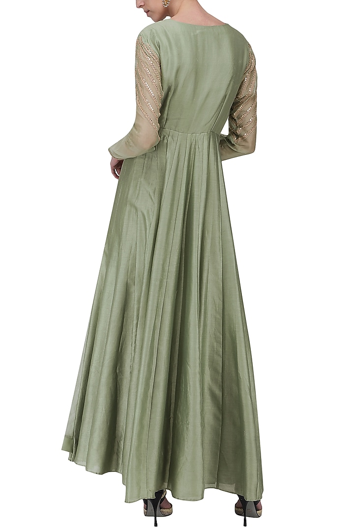 Pista green embroidered anarkali set available only at Pernia's Pop Up Shop.