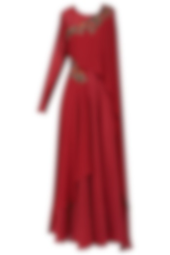Red Embroidered Asymmetrical Drape Anarkali Gown by Ekru by Ekta and Ruchira
