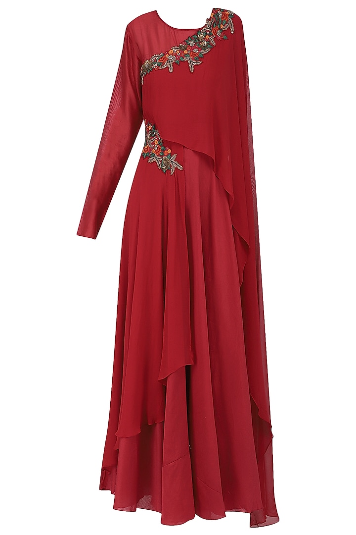 Red Embroidered Asymmetrical Drape Anarkali Gown by Ekru by Ekta and Ruchira