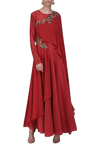 Red Embroidered Asymmetrical Drape Anarkali Gown by Ekru by Ekta and Ruchira