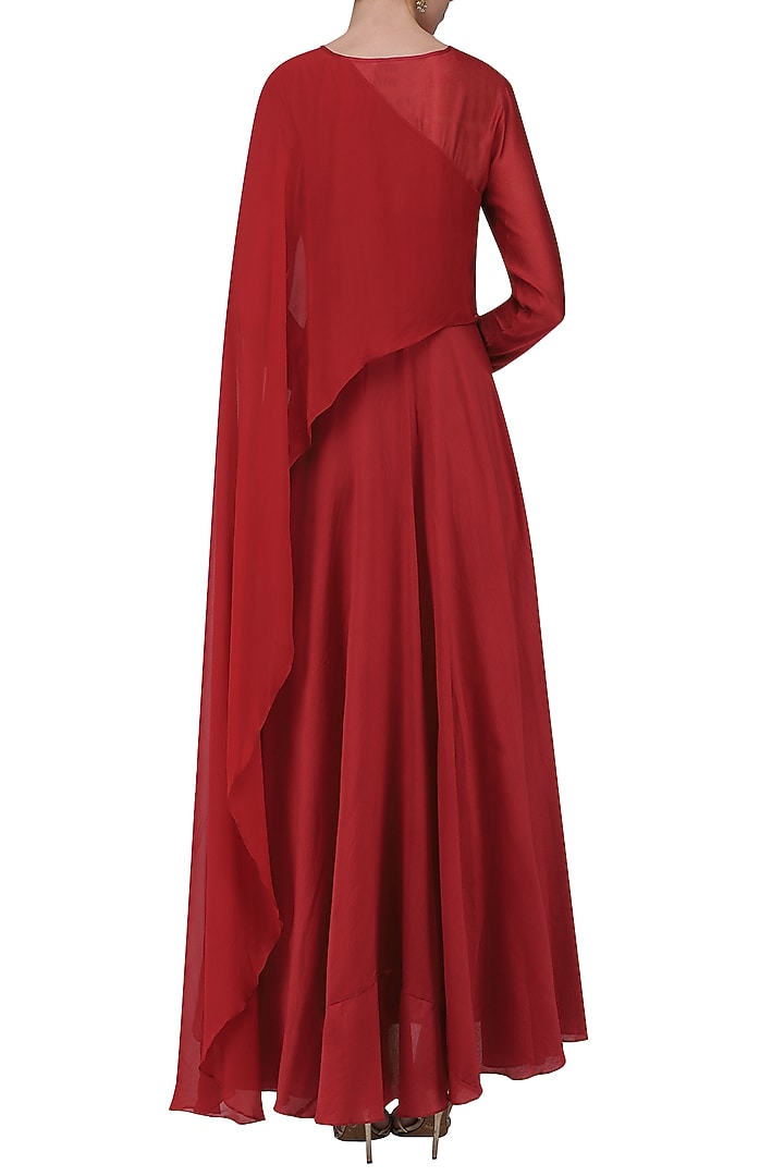 Red embroidered asymmetrical drape anarkali gown available only at Pernia's Pop Up Shop.