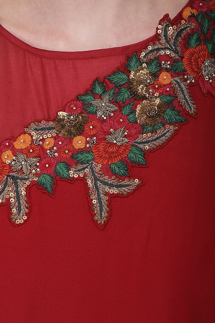 Red embroidered asymmetrical drape anarkali gown available only at Pernia's Pop Up Shop.
