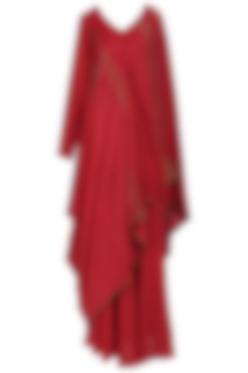 Red Asymmetrical Banarasi Drape Anarkali Gown by Ekru by Ekta and Ruchira
