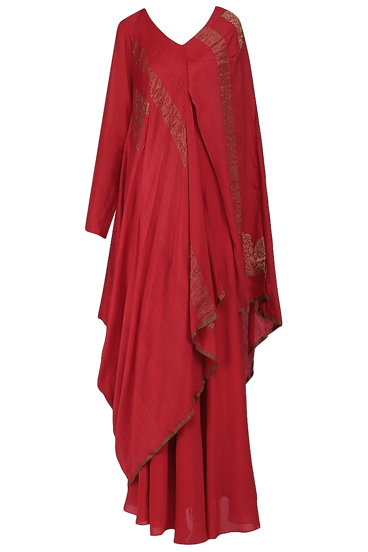 Red Asymmetrical Banarasi Drape Anarkali Gown by Ekru by Ekta and Ruchira
