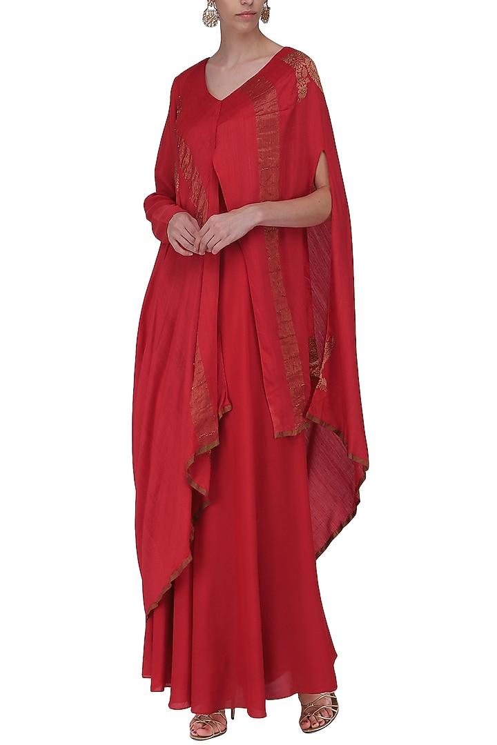 Red asymmetrical banarasi drape anarkali gown available only at Pernia's Pop Up Shop.