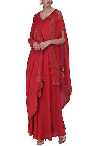Red Asymmetrical Banarasi Drape Anarkali Gown by Ekru by Ekta and Ruchira