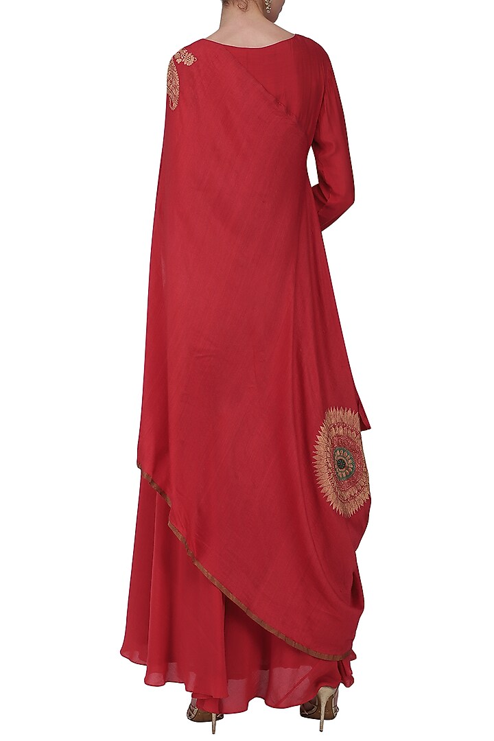Red asymmetrical banarasi drape anarkali gown available only at Pernia's Pop Up Shop.