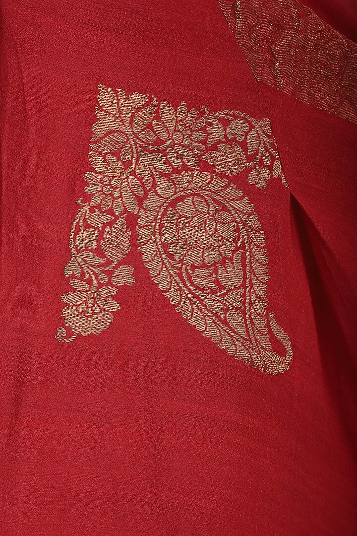 Red asymmetrical banarasi drape anarkali gown available only at Pernia's Pop Up Shop.