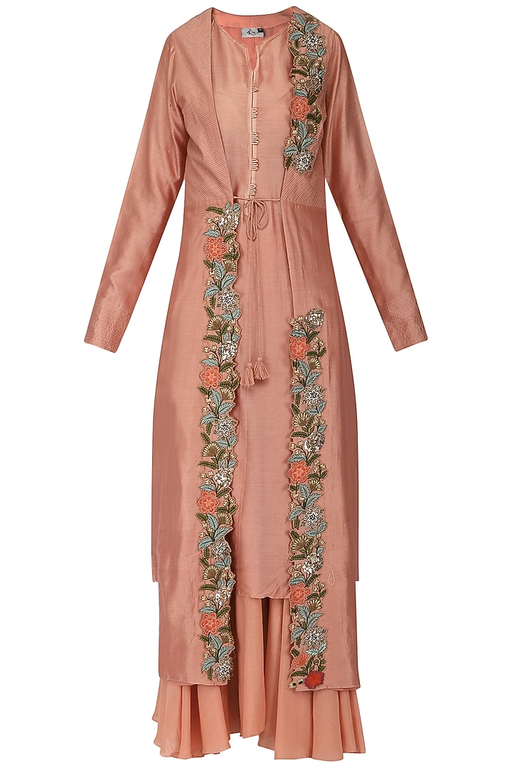 Peach embroidered jacket with kurta and sharara pants available only at Pernia's Pop Up Shop.